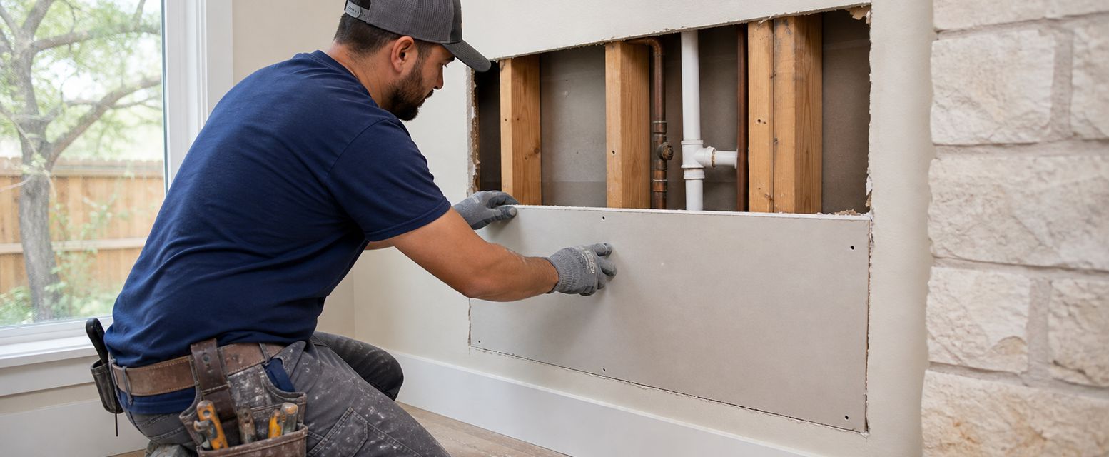 Water damaged drywall being repaired