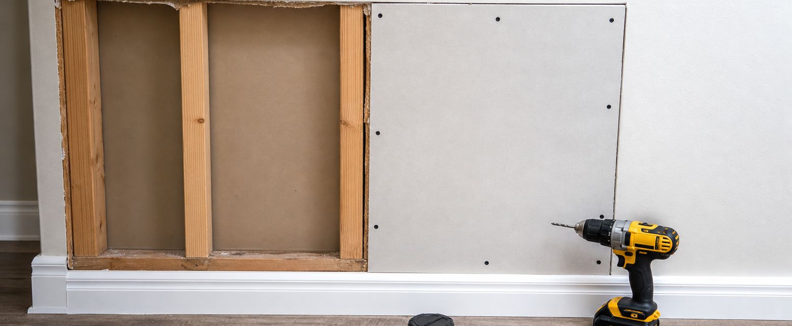 Water damaged drywall being repaired