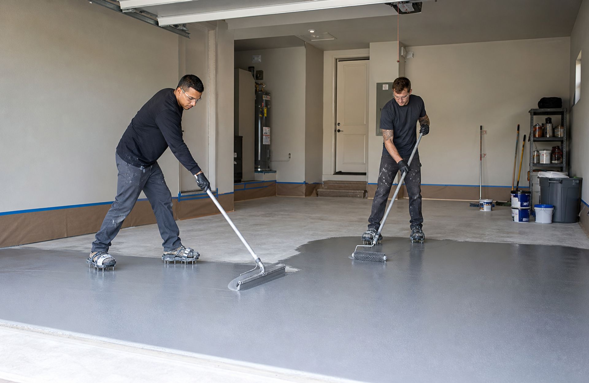 Crew applying an epoxy base coat in a garage