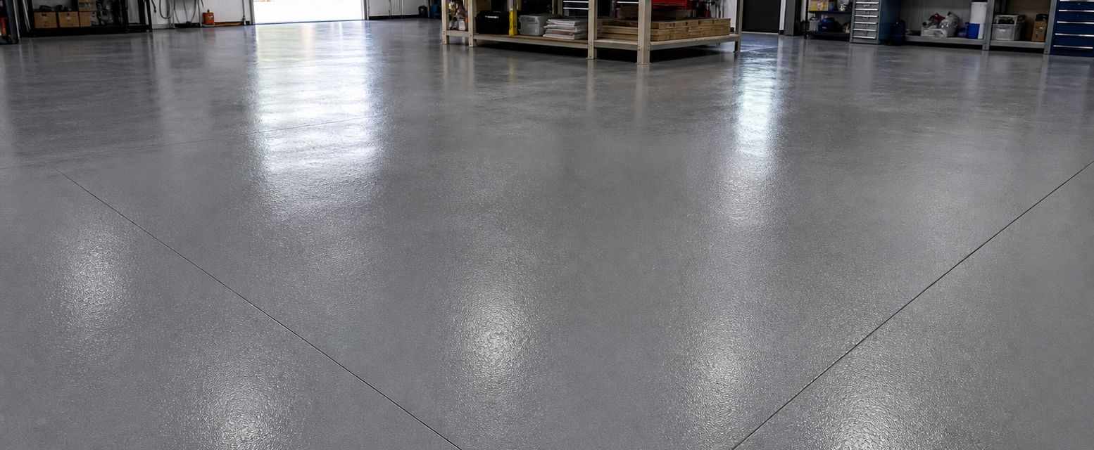 Finished gray epoxy floor in a commercial workshop