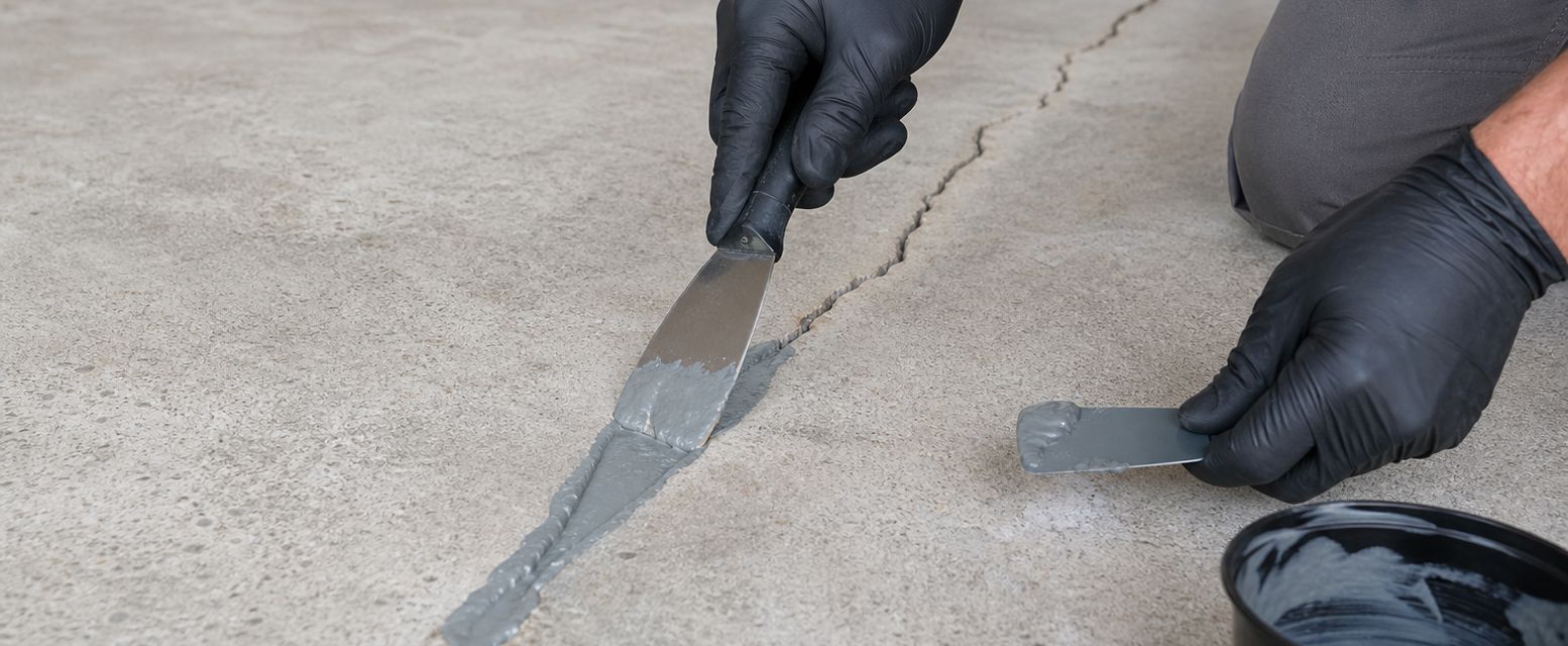 Concrete floor crack being filled before epoxy coating