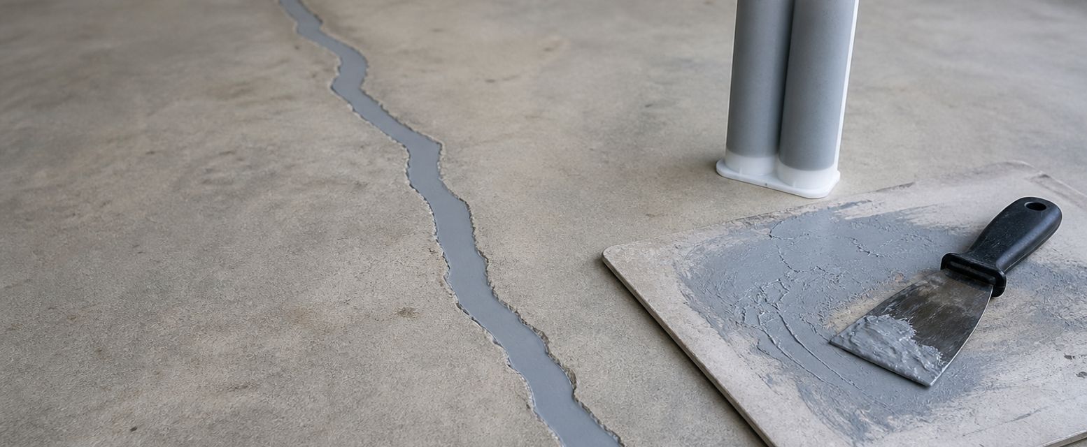Concrete floor crack being filled before epoxy coating