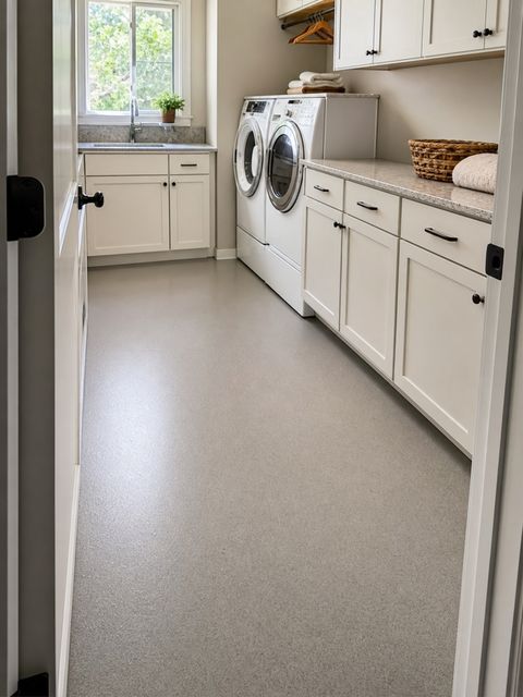 Warm gray epoxy floor in a residential laundry room