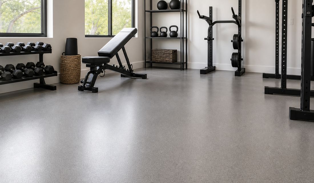 Warm gray epoxy floor in a residential home gym