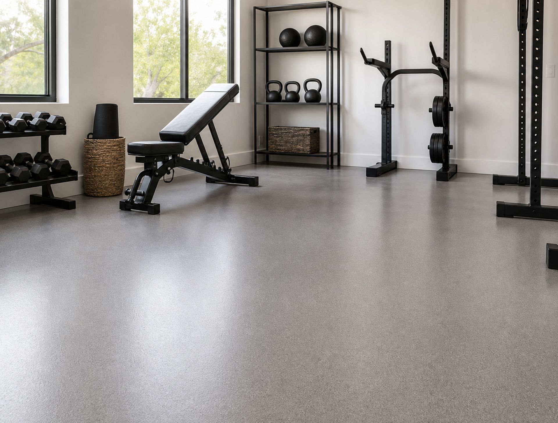 Residential home gym with a finished gray epoxy floor