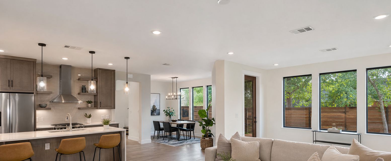 Open living room with smooth ceilings