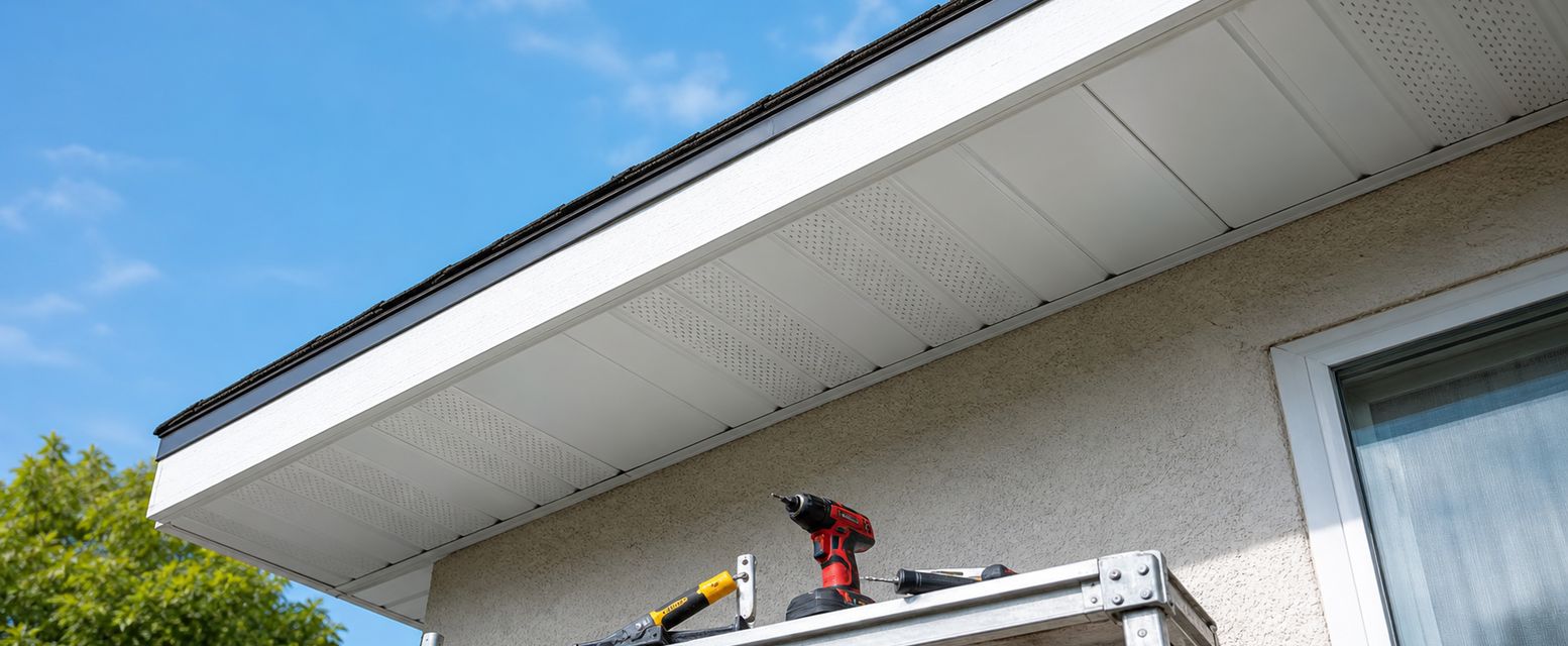 New soffit panels under a roof eave