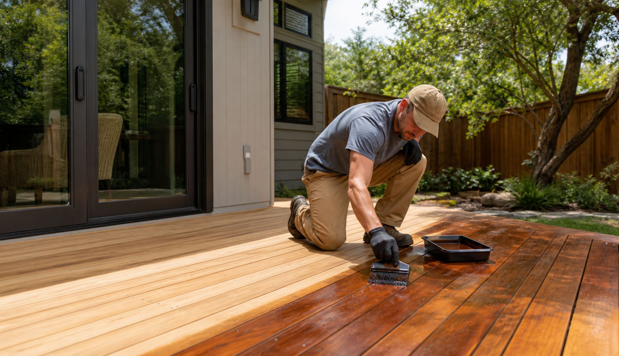 Freshly stained wood deck