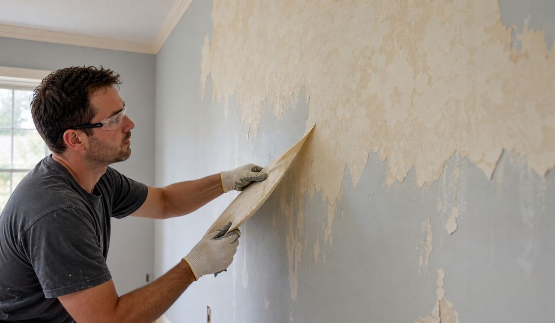 Wallpaper being removed from a drywall wall