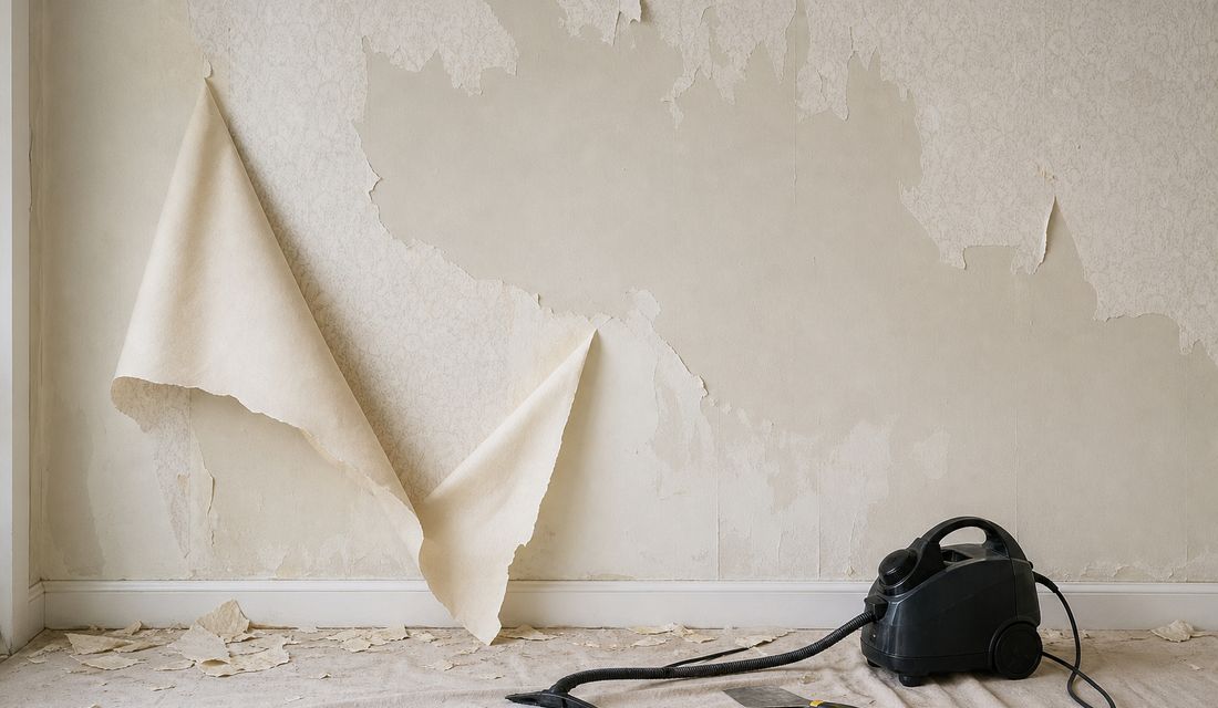 Wallpaper being removed from a drywall wall