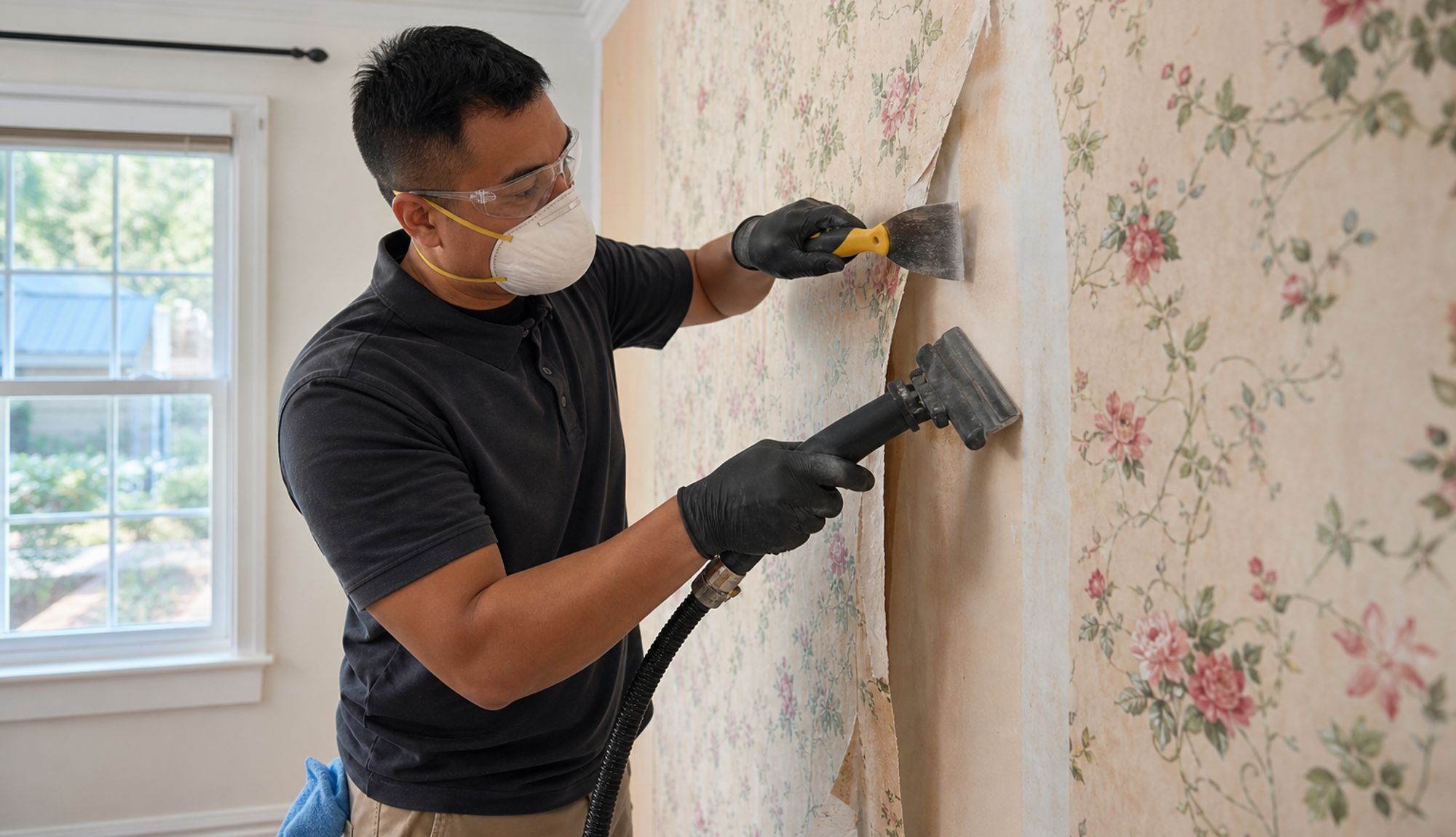 Worker peeling old wallpaper off a wall