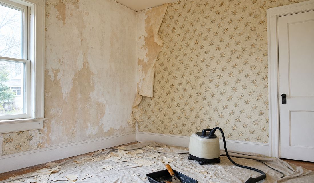 Wallpaper coming off a plaster wall